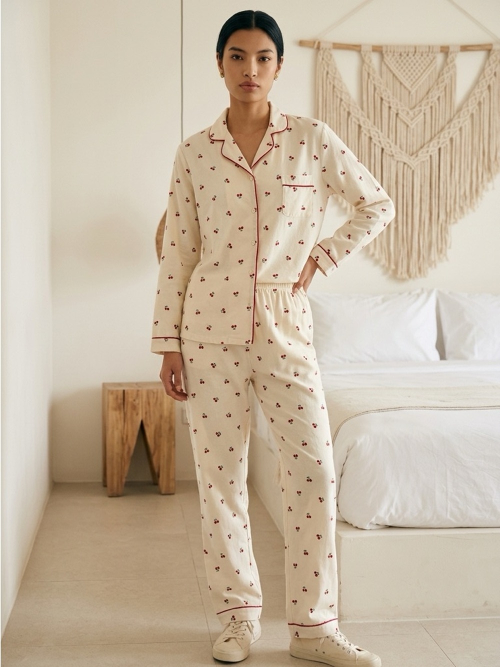 Cream Cherry-Print Long Pajama Set with Red Piping